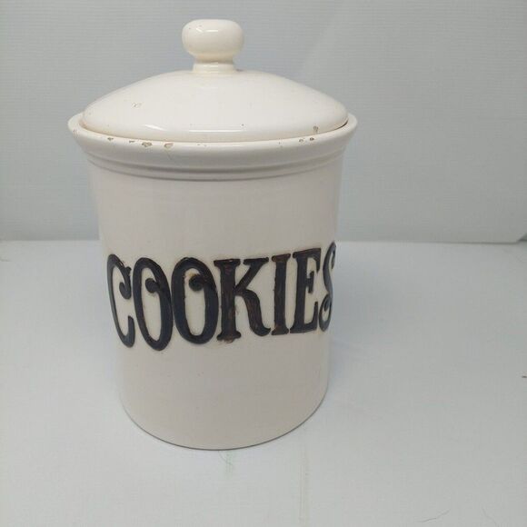 Cookies White Ceramic Hand Painted Cookie Jar With Lid Brown Lettering - Picture 1 of 12